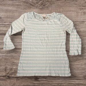Ann Taylor Loft 3/4 Sleeve Boatneck Tee Green and White stripes with Lace size S